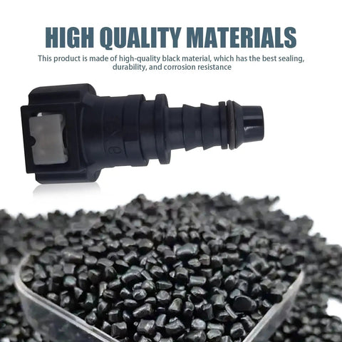 No Sweat Auto Fuel Line Quick Connect Male Female Joint Fitting Straight Hose Adapter on black granules, showcasing high temp PA12 plastic.