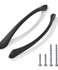 Six Pack Matte Black Cabinet Pulls 7.5 Inch Hole Center Cabinet Handles with M4 screws for kitchen cabinets and drawers shown.
