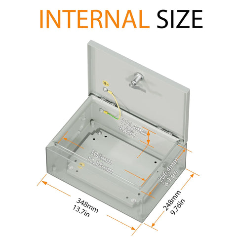 Open Built Tough Metal Electrical Enclosure Box IP65 Waterproof with internal dimensions displayed, gray powder-coated finish