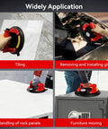 Two-pack 8-inch red and black heavy-duty suction cups for lifting large glass and stone; max load 960 lbs.