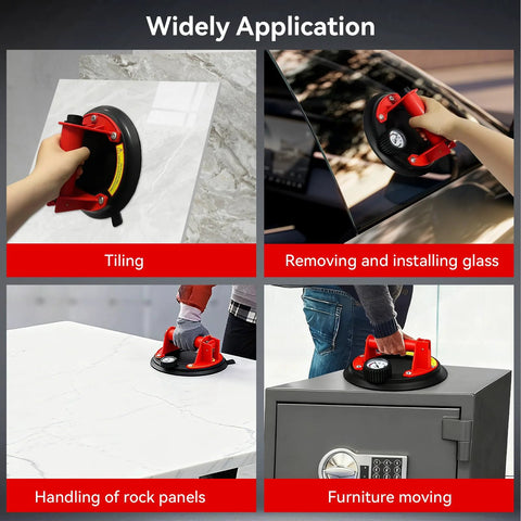 Two-pack 8-inch red and black heavy-duty suction cups for lifting large glass and stone; max load 960 lbs.