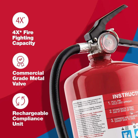 Close-up of PRO10 Rechargeable Commercial Fire Extinguisher Heavy Duty Metal Valve And Head For Offices UL Rated 4A 60B C