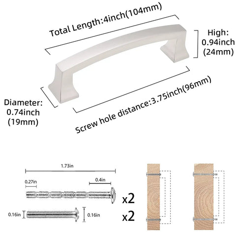 Diagram of Two Pack 3.75 Inch Brushed Satin Nickel Cabinet Handles For Kitchen Cabinets Pulls And Doors, No Fuss Upgrade, 4 Inch Overall Length