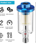 Close-up of blue water oil separator filter 9cm, part of Six Pack Of Small Water Oil Separator Filters For 1/4 Inch NPT Inlet And Outlet.