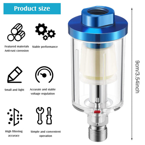 Close-up of blue water oil separator filter 9cm, part of Six Pack Of Small Water Oil Separator Filters For 1/4 Inch NPT Inlet And Outlet.