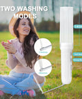 Portable Travel Bidet With Orientation Sensor Handheld Electric Mini Bidet Sprayer For Personal Hygiene And Postpartum Care IPX6 Waterproof 180 Degree Adjustable Nozzle Travel Bag On The Go next to a smiling woman outdoors, showcasing two washing modes.