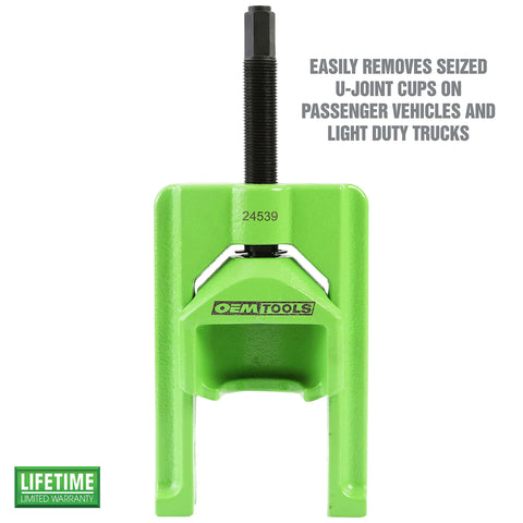 Light Duty U Joint Puller For Cars And Trucks Class 1-3 Removal Tool For Drivelines U Joint Press 1/2 In Drive Compatible With Impact Seized Joint Removal 24539 in green with text about use and warranty