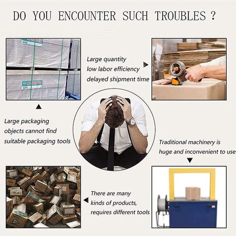 Image depicting packaging challenges in logistics with frustrated worker and unsuitable packaging tools, highlighting the need for Portable Electric Strapping Machine For PP PET Steel Bands.