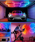 Hexagon RGB LED Lights With Music Sync And App Control For Gaming Room Gym And Garage Five Grid Gen IV Honeycomb Panels For Vibe And Colorful Ambiance installed in various setups including garage and gym.