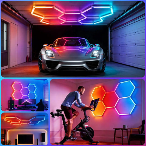 Hexagon RGB LED Lights With Music Sync And App Control For Gaming Room Gym And Garage Five Grid Gen IV Honeycomb Panels For Vibe And Colorful Ambiance installed in various setups including garage and gym.