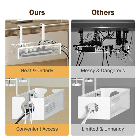 Comparison of desk cable management: Under Desk Cable Management Tray No Drill Metal Mesh Organizer For Home Office versus cluttered wires