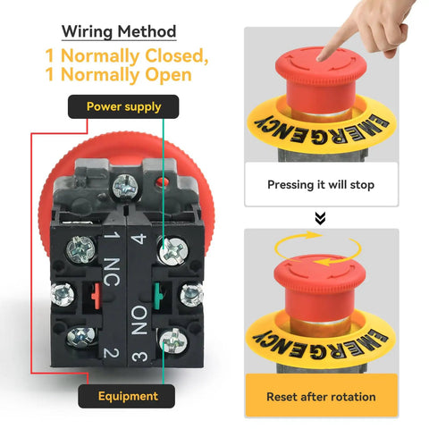 22mm Red Mushroom Emergency Stop Button Switch IP65 Waterproof SPDT With 1NO 1NC Contacts showing wiring method and usage steps