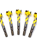 Top Shelf 5 Piece Forstner Drill Bit Set With Snag Free Hex Shank And Rugged Tungsten Carbide Tips, 5 yellow bits in a row.