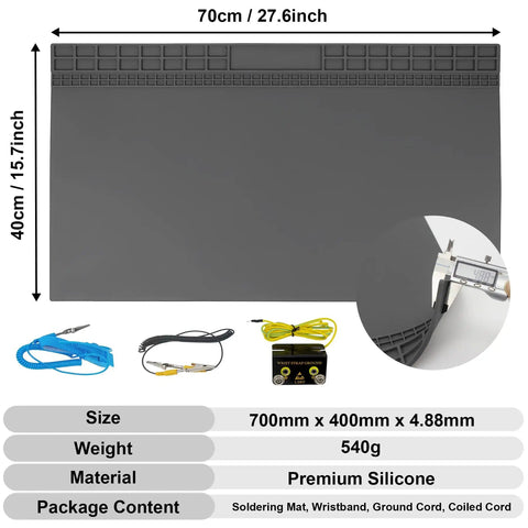 27.6 By 15.7 Inch Extra Large Soldering Mat With Wrist Strap And Grounding Accessories 932 Degrees Fahrenheit Heat Resistant Silicone Repair Mat Oversized Workbench Mat For Cellphone And Laptop Repair Gray with size and material details