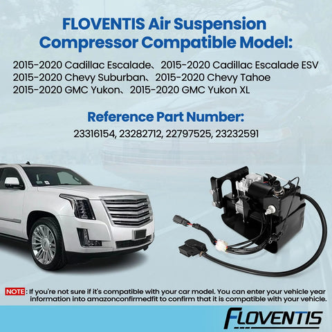 FLOVENTIS air ride suspension compressor kit with mounting hardware beside a white SUV (front-left view)