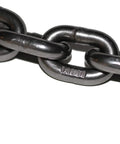 Close-up of Beefed Up 3/8 Inch Grade 100 Alloy Lifting Chain featuring marked links for 50 Foot Run With 8800 Pound Working Load.