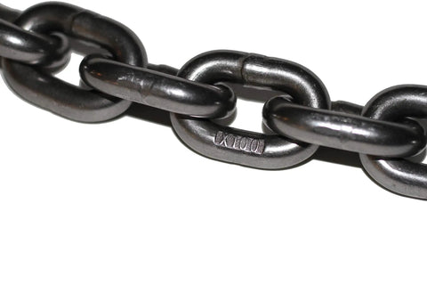 Close-up of Beefed Up 3/8 Inch Grade 100 Alloy Lifting Chain featuring marked links for 50 Foot Run With 8800 Pound Working Load.