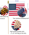 Pack Of 100 Small 4x6 Inch American Flags On 12 Inch Wood Sticks For Outdoor Use, feature details with rounded spear tip and wood stick.