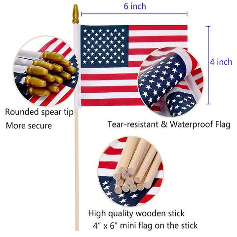Pack Of 100 Small 4x6 Inch American Flags On 12 Inch Wood Sticks For Outdoor Use, feature details with rounded spear tip and wood stick.
