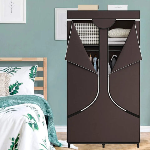 Portable Wardrobe Closet Organizer With Metal Frame And Nonwoven Fabric 34.6 Inch Long By 17.7 Inch Wide By 66.1 Inch Tall Four Shelves And Two Hanging Rods Coffee Color Built To Last No Fuss Setup For Dorm Rooms And Apartment Pads shown in a bedroom setting