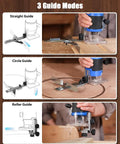 Three guide modes for 630W Compact Wood Router With Fixed Base And Beast Mode 35000 Rpm Motor shown in use for accurate trimming.