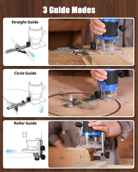 Three guide modes for 630W Compact Wood Router With Fixed Base And Beast Mode 35000 Rpm Motor shown in use for accurate trimming.