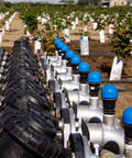 Air relief valve 3/4 inch irrigation system row with metal bodies and blue caps