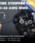 Close-up of self adjusting wire stripper and cutter with crimping, handling 10 to 24 AWG wire, showing adjustment knob for wire thickness.