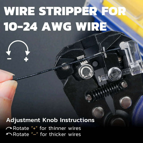 Close-up of self adjusting wire stripper and cutter with crimping, handling 10 to 24 AWG wire, showing adjustment knob for wire thickness.