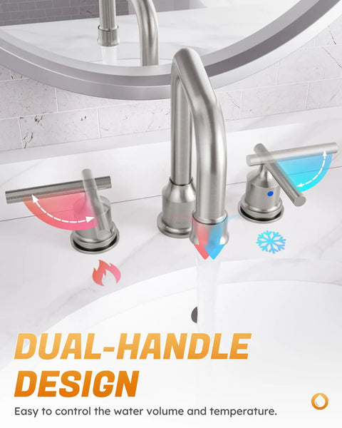 Two Handle 8 Inch Widespread High Arc Bathroom Faucet Brushed Nickel Sleek Look With Spot Resistant Finish in use on sink