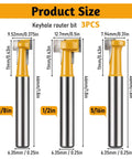 Top Shelf Kickass Keyhole Router Bit Set Includes 3 Piece T Slot T Track Bits with sizes 3/8in, 1/2in, and 5/16in visible on image.
