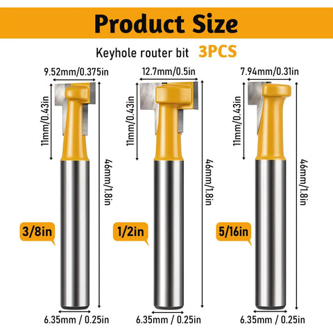 Top Shelf Kickass Keyhole Router Bit Set Includes 3 Piece T Slot T Track Bits with sizes 3/8in, 1/2in, and 5/16in visible on image.
