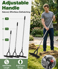 Man using 15 Inch Heavy Duty Dethatching Rake With Adjustable Long Handle Metal Turf Rake For Grass And Lawn Cleanup Made Easy