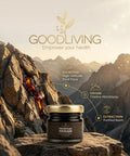 Pure Himalayan Shilajit Resin 30 Gram Jar on rocky terrain with information on sourcing and origin.