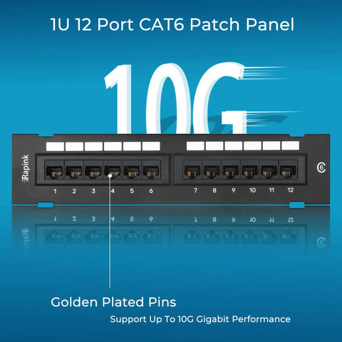 1U 12-Port Cat6 Patch Panel with 10G Support for Home Networking, front view showing 12 Ethernet ports and gold-plated pins, 10 inch wide