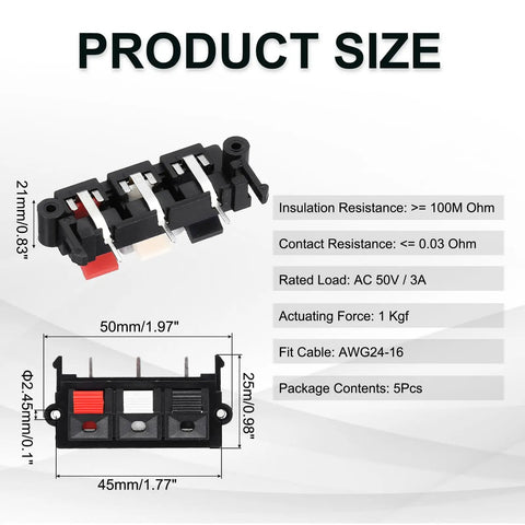Three Way Spring Terminal Clip Push Release Connector Plate Jack Socket For Speaker Terminal Strip Block Test Clips set with product dimensions