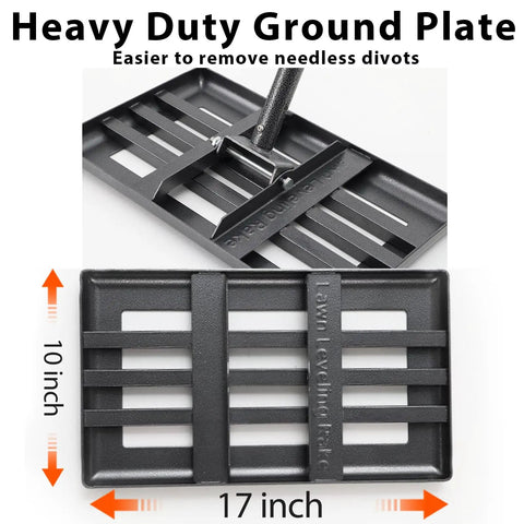 Heavy Duty Lawn Leveling Rake with 17x10 inch ground plate shown in angled and top view for smoothing lawns