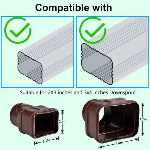 Diagrams showing compatibility of 7ft Gutter Downspout Extension Flexible Pipe for Rainwater Drainage with 2x3 and 3x4 downspouts