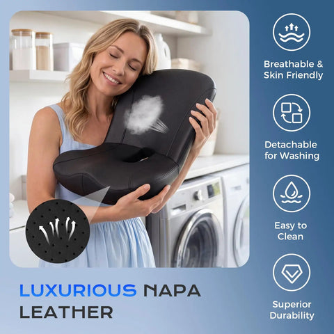 Woman hugging Premium Memory Foam Car Seat Cushion With Napa Leather Ergonomic Lumbar Support Pillow for comfort.