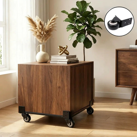 Four Pack 2 Inch Side Mount Casters With Silent Fixed L Bracket Wheels under wooden cabinet, enhancing mobility without noise.