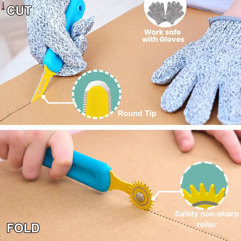 Close-up of kids using tools from Cardboard Tools Kit for Kids with Cutter and Tool Box, 149 Piece Cardboard Construction Set.