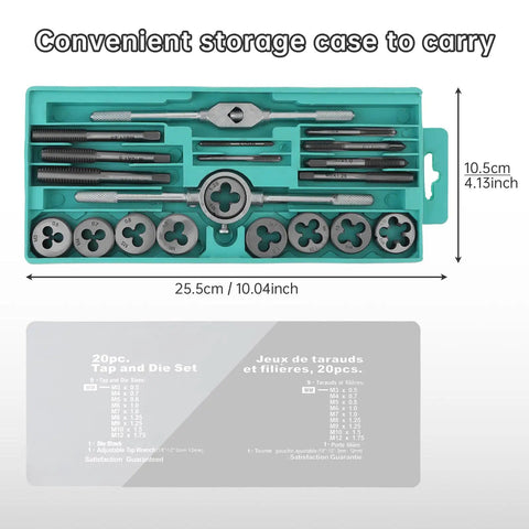 20 Piece Alloy Steel Tap And Die Set For Metric Threads, Precision Thread Tool Kit For Cutting External And Internal Threads, CNC Machined Teeth, 60 HRC Hardness, Coarse And Fine Taps And Dies For Home Workshop Projects
