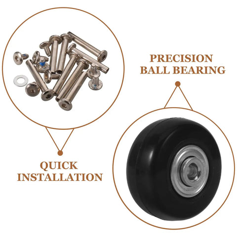 Upgrade Suitcase Game With 4 Sets Luggage Wheels Replacement Kit Silent Ball Bearings Smooth Glide No Whines Easy DIY Fits Most Bags Fixes Broken Casters Zip Terminals Stress Free Sweet Ride Zero Squeaks Keep Rolling Smooth: black wheel and screws