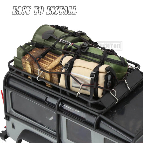 RC Car Upgrade Parts For 1/18 TRX4M And 1/24 SCX24 Realistic Dope Luggage Net Kit on car roof rack with gear and sleeping bag