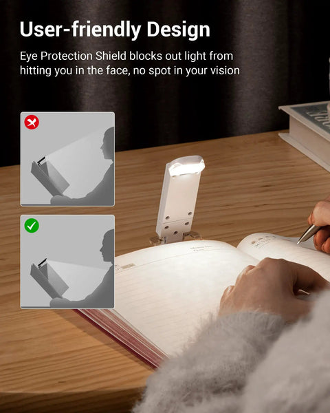 Clip On Book Light With USB Rechargeable Power, Eye Friendly White LED Reading Lamp For Bedside, showing eye protection design