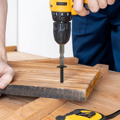 Using a drill to install 160 Piece Size 8 Modified Truss Wood Screws Kit For DIY Projects, Self Drilling Self Tapping Fasteners