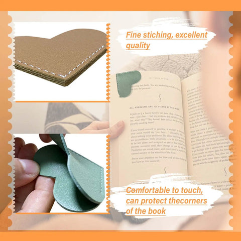 Top Tier Handmade Leather Heart Bookmarks Six Piece Set Soft Pu Leather Page Markers With Tight Stitching Designed For Serious Readers And Gifting Purposes A Straight Up Best Seller With Awesome Vibes. Close-up of heart-shaped PU leather bookmark showing fine stitching and soft touch.