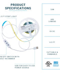 USB Powered Dimmable COB LED Strip Light 6 Foot Flexible And Cuttable 6000K Bright White 10W UL Listed shown with specs