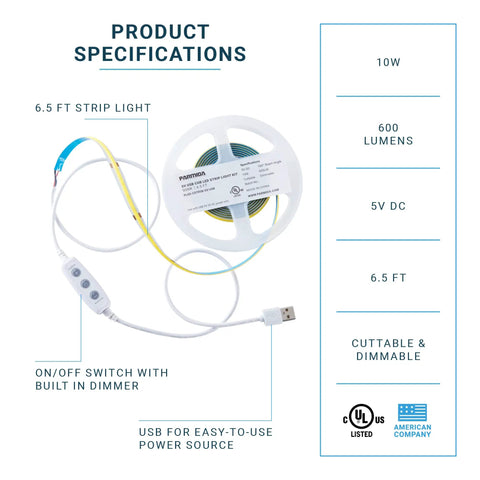 USB Powered Dimmable COB LED Strip Light 6 Foot Flexible And Cuttable 6000K Bright White 10W UL Listed shown with specs