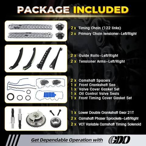Package contents of Beefed Up All In One 5.4L Timing Chain Kit for Ford F150 and Lincoln Navigator, including detailed component list